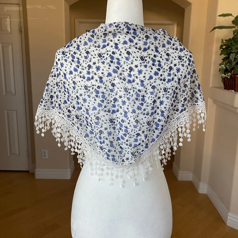 Floral Lace Scarf with Blue and White Pattern